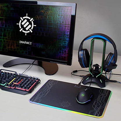 ENHANCE PC Gaming Headset Stand with Mouse Bungee - RGB Headphone Holder, 2 USB Ports, 7 LED Color Modes, Compatible with Desktops, Keyboards, Headphones