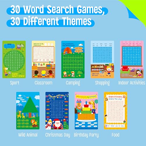 SpriteGru Dry Erase Word Search Game Pad, 30 Reusable & Erasable Word Games, Search & Find Puzzles Brain-Boosting Activity Book for Kids, Educational Toy for Road Trip Airplane Travel - style: Word Search
