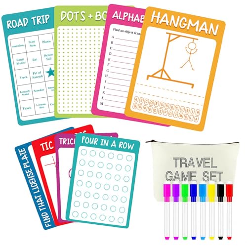 Chiisong 17 Pcs Portable Travel Game Set for Kids 8 Reusable Dry Erase Game Card with 8 Colorful Erasable Pen and Bag Educational Toy for Car Road Trip Airplane for Age 6-12, 9"x6"(Classic Style) - style: Classic