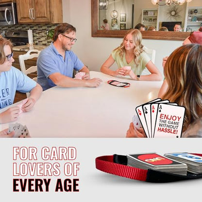 Card Holder for Playing Card Games - Neoprene Playing Card Holder for Adults & Kids with ‎Nylon Straps, Holds Various Deck Sizes - Used for Uno, Go Fish & More - Portable and Lightweight (Red)