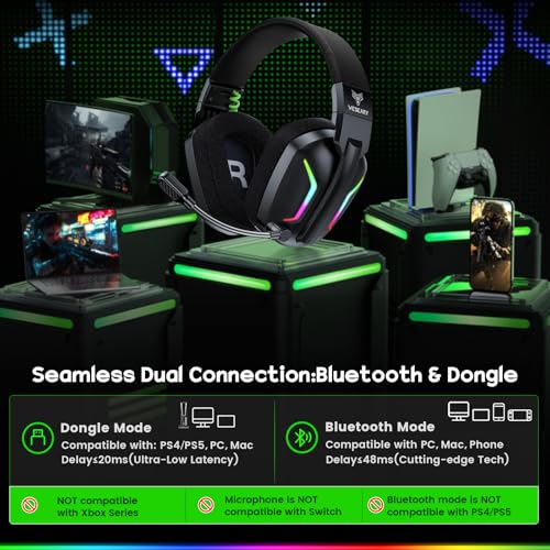 WESEARY Wireless Gaming Headsets for PC, PS5, PS4, Switch, Mac, 2.4GHz Wireless Gaming Headphone with ENC Noise Canceling Microphone, Bluetooth 5.4, Cool Lighting, 50H Battery, 50mm Drivers | 2.4GHz Wireless Gaming Headphone with ENC Noise Canceling Micro