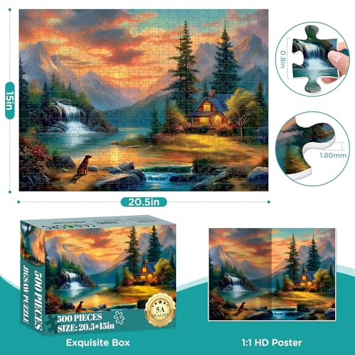500 Piece Puzzle for Adult,Mountain Cabin by a Lake Jigsaw Puzzle for Adult Senior,Large Piece Puzzle with HD Print & Poster,nterlock Perfectly Frameable,Challenging Family Game Great Gift,20.5 x 15In - color: Black