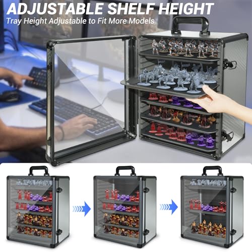 ORKELS Miniatures Storage Case with 5 Metal Tray, Clear Display Transport Case with Lock, Aluminum Alloy Frame Organizer for Mini Action Figures, Collectibles