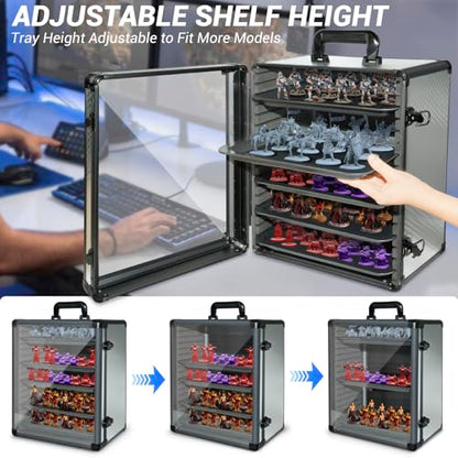 ORKELS Miniatures Storage Case with 5 Metal Tray, Clear Display Transport Case with Lock, Aluminum Alloy Frame Organizer for Mini Action Figures, Collectibles