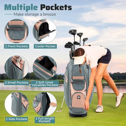 Goplus Lightweight Golf Cart Bag, Molded Lock Top Golf Club Bag w/14-Way Full Length Organizer Dividers, 11 Pockets, Cooler Bag, Straps, Umbrella Holder & Rain Hood for Men Women - color: Grey+Pink