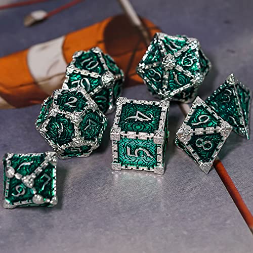 Cusdie 7 Pcs Metal Dice with Metal Box, Dagger Design Polyhedral DND Dice Set, for Role Playing Game D&D Dice (Silver Green) - color: Silver Green