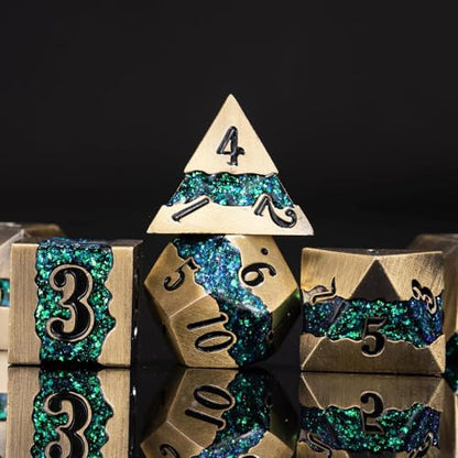 Metal Polyhedral Dice Set, 7PCS RPG Dice with Galaxy Glitter Resin Inlay for Dungeons and Dragons, Pathfinder Tabletop Role Playing Games - color: Antique Turquoise