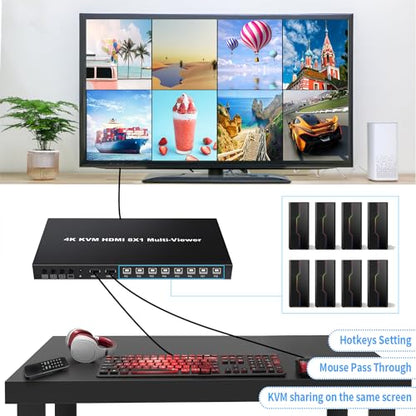HDMI MultiViewer 8x1 with KVM Function, 4K@30Hz HDMI Quad MultiViewer Share 8 Computers simultaneously, Allowing Them to Share a Set of Keyboard and Mouse simultaneously, with IR Remote Control - size: 8x1 HDMI Multiviewer Switch with KVM
