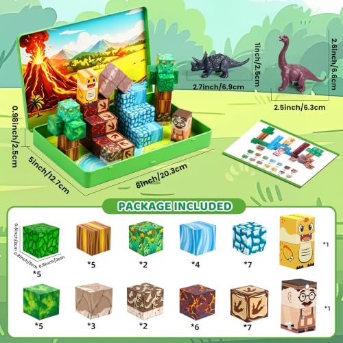 DQMOON Magnetic Blocks Travel Set with Magnetic Case - 52 PCS Magnetic Building Blocks Cubes Dinosaur Toys for Kids 3-5 4-8 Girls Boys Kids Toys, STEM Sensory Toddler Birthday