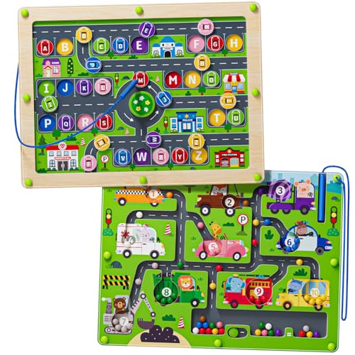 2 in 1 Magnetic Color and Number Maze Double-Sided ABC Alphabet Puzzles Board Magnet Dinosaur Counting Maze Preschool Learning Montessori Education 3 4 5 Years Toys (Car, One Size) - color: Car