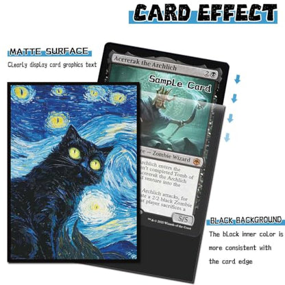 100 Count Card Sleeves Compatible with MTG, Ultra Clear Front & Matte Finish Back, Standard Size TCG Art Sleeves for Trading Cards (Starry Night Black Cat) - color: Starry Night Black Cat