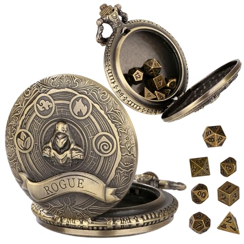Mini DND Dice Set Steampunk Rogue Pocket Watch Shell Case, 7pcs Polyhedral Metal D&D Dice Set, D&D Gifts with Gift Box for Player, Role Playing Board Games Accessories, Bronze - color: Rogue