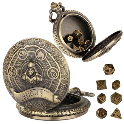 Mini DND Dice Set Steampunk Rogue Pocket Watch Shell Case, 7pcs Polyhedral Metal D&D Dice Set, D&D Gifts with Gift Box for Player, Role Playing Board Games Accessories, Bronze - color: Rogue