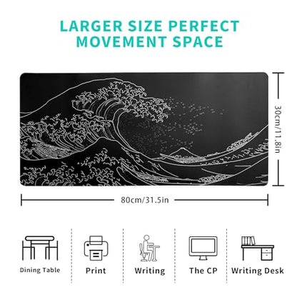 Japanese Gaming Mouse Pad Abstract Black Mouse Pad 31.5x11.8 Inch Black Sea Wave Texture Non-Slip Rubber Base Large Ocean Mousepad Stitched Edges Keyboard Mouse Mat Desk Pad for Office and Home - color: Sea Wave