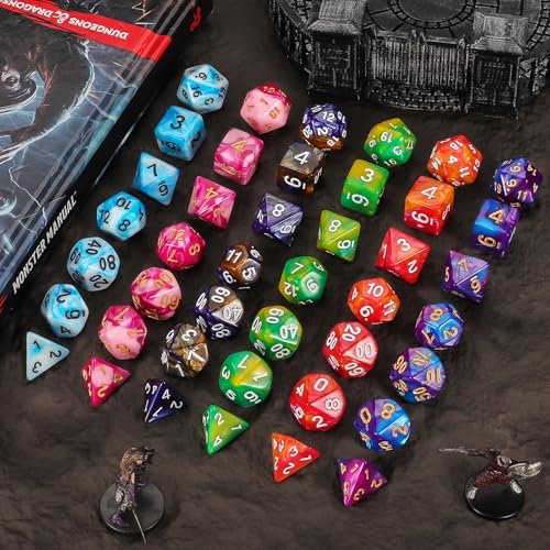 QMAY Mystery Dice Set – 42 Pcs Acrylic Polyhedral Dice + 6 Pcs Velvet Bag | 6 Bags Random Patterns & Styles DND Dice, Gifts for D&D, Pathfinder, MTG, Table Game Night, Dice Goblins, RPG Players & DMs - style: 6 bags Mystery Dice