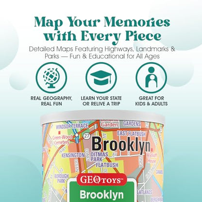 Geotoys Brooklyn Mini Puzzle - 100 Piece Puzzles for Kids and Adults in Portable Can, 13" x 10" Educational Travel Puzzle for Ages 7 and Up - Mini Puzzles to Learn & Explore Geography - style: Brooklyn