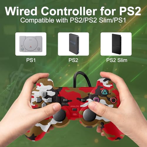 PS2 Controller, 2 Pack Wired Controller for PS2/PS2 Slim/PS1,Dual Vibration - color: Camo Red
