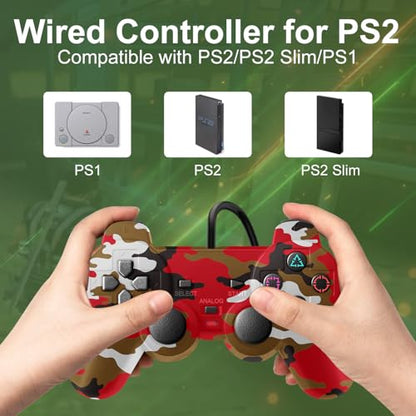 PS2 Controller, 2 Pack Wired Controller for PS2/PS2 Slim/PS1,Dual Vibration - color: Camo Red