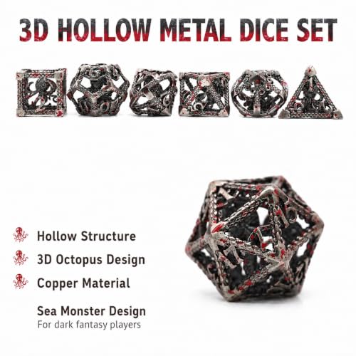DND Dice Set,3D Octopus Hollow Metal 7-Die,SilverBlood | Lightweight Copper Dice,Easy-To-Read Numbers,engraved numbers,gift box and velvet bag for DND RPG play - color: Bloodstained