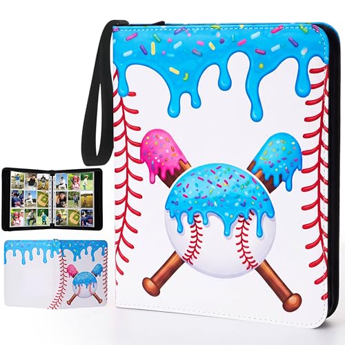 Pasimy 900 Pockets Ice Cream Drip Baseball Card Binder for Trading Cards 9 Pockets with 50 Removable Sleeves 3 Ring Baseball Card Holder Binder with Zipper for Sport Collection Book Storage Album - color: Blue White Pink, size: 13.39 x 11.42 Inch, style:
