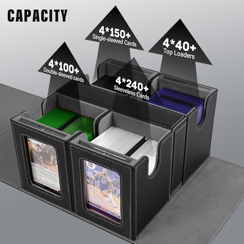 Kabinka Card Deck Box for MTG Commander, Holds 400+ Double-Sleeved Cards, 5 IN 1 Detachable Card Case with Dice Tray, Fits Magic/TCG Cards, 4 Magnetic Card Holders & Dividers (Black) - color: A2-Black