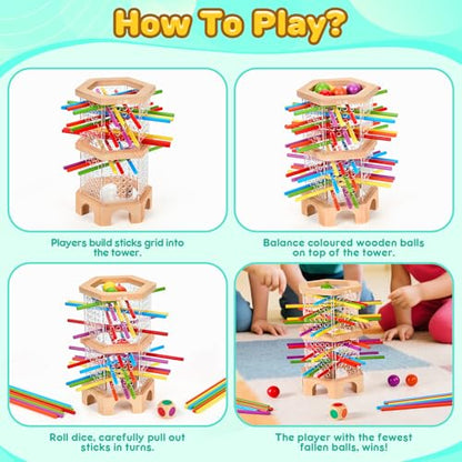 Montessori Wooden Board Game with 42 Sticks & Dice for Kids Ages 3-6 | Math Learning Toys Fine Motor Skills & Counting Educational Toy, Family Travel Game Birthday Gifts for Boys Girls