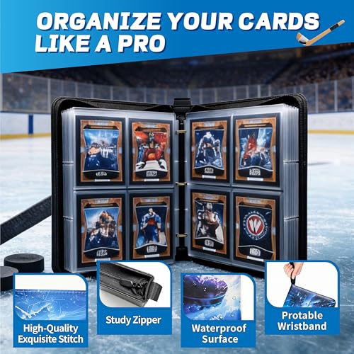 Hockey Card Binder with Sleeves, 4-Pocket Portable Card Protectors Album Holder Book with Zipper, Fits 400 Cards with 50 Removable Sleeves, Hockey Cards Display Storage Carrying Case - color: Hockey-400 cards