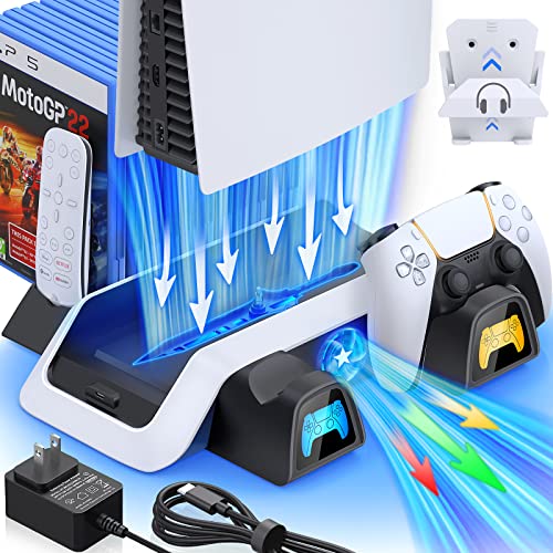 PS5 Stand with Cooling Station&Dual Controller Charger for PlayStation 5 PS5 Console(NOT Fit PS5 Slim), PS5 Accessories with 5V/3A Adapter, PS5 Base with Cooler Fan, Charging Dock