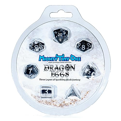 Gate Keeper Games & Dice: Mighty Tiny Dice: Dragon Eggs - 7 pc - RPG Dice Set, 3-Layer Neutron Style, Clear-Silver Glitter-Black, 12mm Resin Dice