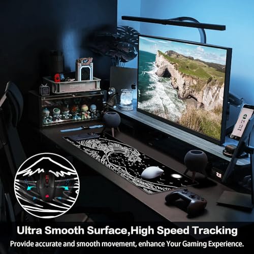 Canjoy Large Gaming Mouse Pad, 31.5x11.8in Computer Keyboard and Mouse Mat | Japanese Sea Wave XXL-Large Mouse pad Full Desk Mousepad Extended Computer Desk Pad with Rubber & Double Stitched - color: Black-Sea Wave, size: 800*300mm