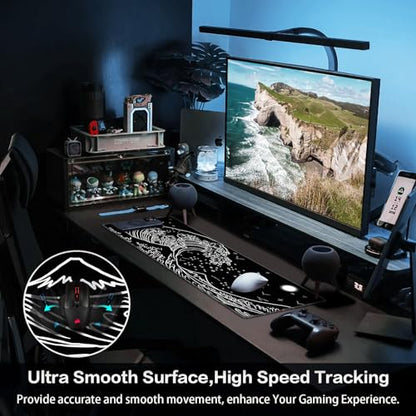 Canjoy Large Gaming Mouse Pad, 31.5x11.8in Computer Keyboard and Mouse Mat | Japanese Sea Wave XXL-Large Mouse pad Full Desk Mousepad Extended Computer Desk Pad with Rubber & Double Stitched - color: Black-Sea Wave, size: 800*300mm