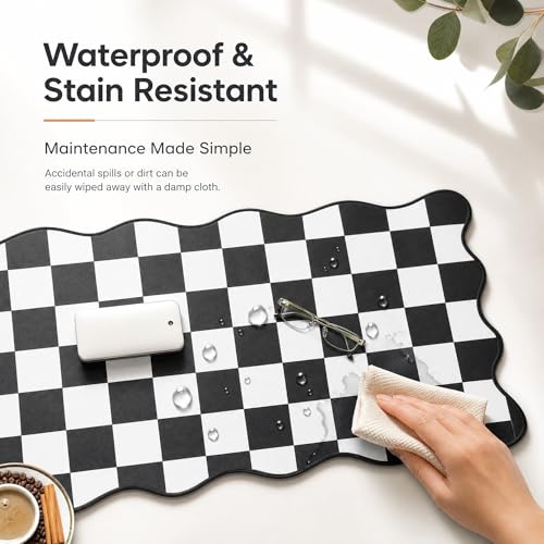 Large Checkered Desk Mat, 31.5" x 15.75" Scalloped Edge Mouse Pad, Non-Slip Rubber Base, Waterproof Desk Pad for Home Office Gaming, Keyboard Pad with Stitched Border (Black)