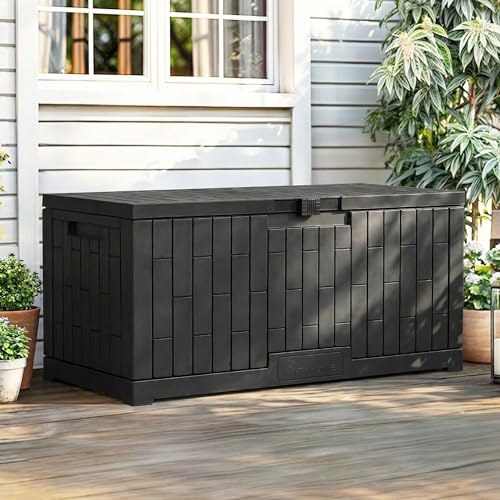 YITAHOME Large Outdoor Storage Box | 120 Gallon Waterproof Resin Deck Box with Slide-Locking Lid, Patio Storage Bin and Bench Seat for Garden Tools, Cushions & - color: Black, size: 120 Gallon, style: Deck Box