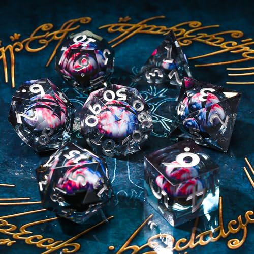 DND Dice Set Dungeons and Dragons Dice, 7 Piece Liquid Core Eye Dice Set D&D Dungeons and Dragons Sharp Edge Resin Dice with Gift Box, Polyhedral Role Playing RPG Dice D20 D12 D10 D8