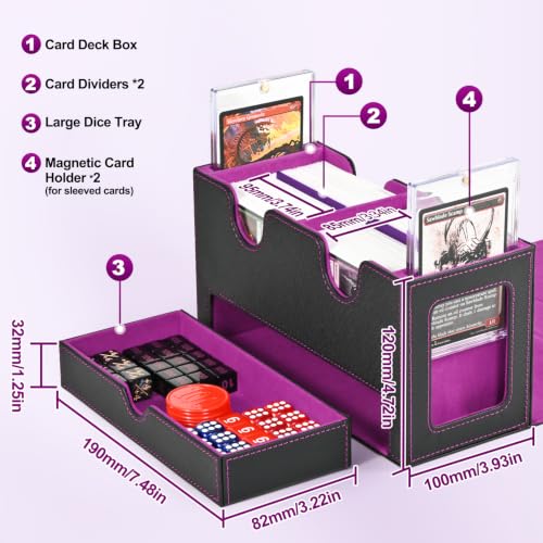 UAONO 3-in-1 MTG Commander Deck Box, Black Purple | 2 Magnetic Card Holders & 1 Dice Tray, Fits 200 Double Sleeved, Card Organizer Compatible with Magic the Gathering - color: Black&Purple