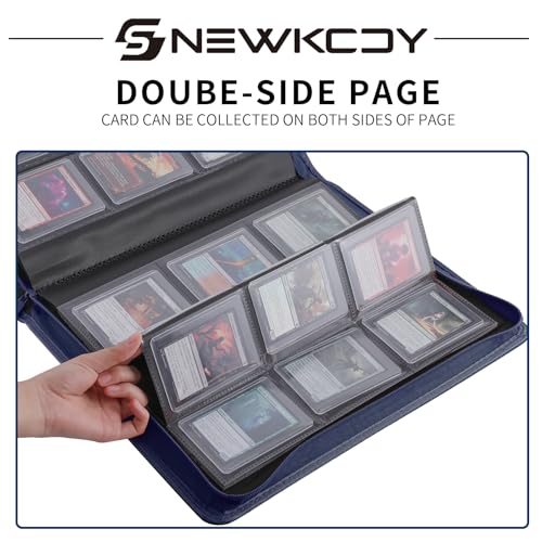 Snekdy Top loader Binder, 9 Pockets Top Loader，Holds 360 Top Loaders cards, Card binder with Sleeves for card in 3 x 4 inches color smooth Zipper PU Leather (Blue) - color: Blue