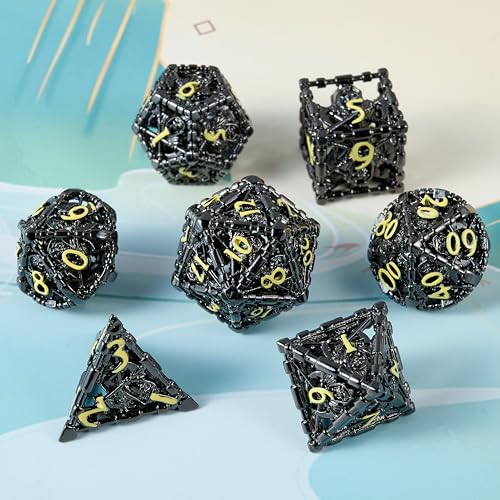 Hollow Grim Reaper Metal DND Dice Set,7-Piece Polyhedral RPG Dice,3D Hollow Wizard Skeleton Design for D&D, RPGs, MTG, and Board Games(Yellow Numbers) - color: Hollow Wizard Black
