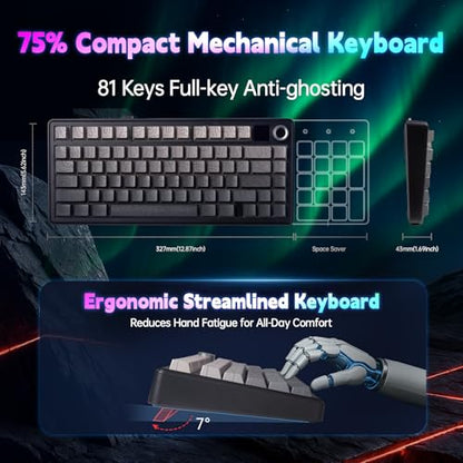 LEOBOG x Aula F75 MAX Wireless Gaming Keyboard w/Smart Display & Knob,75% Hot Swappable Custom Mechanical Keyboard, RGB Backlit,Pre-lubed Linear Switches,Side Printed PBT Topographic Keycaps(Grey) - color: Grey Gradient