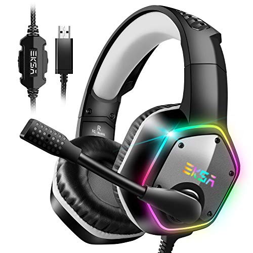 EKSA E1000 USB Gaming Headset for PC, Computer Headphones with Microphone/Mic Noise Cancelling, 7.1 Surround Sound, RGB Light - Wired Headphones for PS4, PS5 Console, Laptop, Call Center - color: RGB