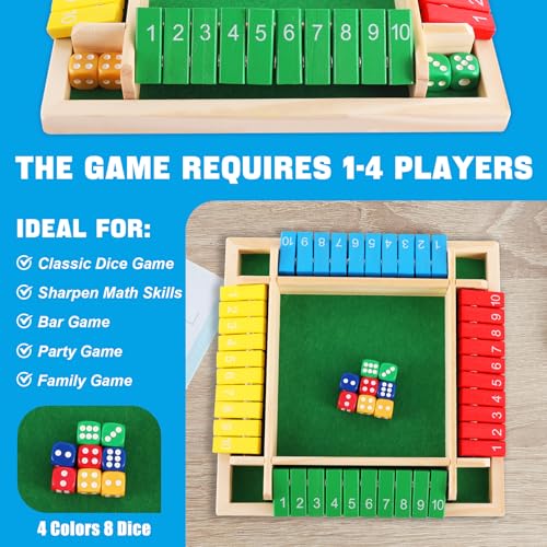 Shut The Box Dice Game, 4-Players Wooden Board Game with 8 Dices, Family Math Games for Kid and Adult,Perfect Tabletop Game for Classroom,Home,Pub, Camping and Party