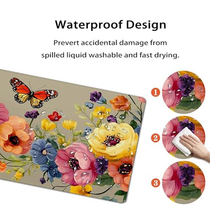 31.5”x11.8”Large Gaming Mouse Pad for Desk, Mouse Mat with Seamed Edges, Waterproof Desk Pad, Non-Slip Rubber Base, Keyboard Pad Computer Mat, Big XL Mousepad-Boho Floral with Butterflies - color: Boho Floral With Butterflies