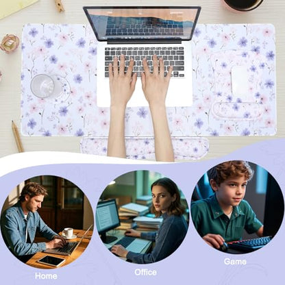 MEGREZ 4-in-1 Mouse Pad with Wrist Rest Ergonomic Memory Foam Desk Mat Set | ergonomic, anti-slip base, 4pcs set, desk pad, mouse wrist rest, keyboard rest, coaster, ideal for office & gaming - color: White Flower