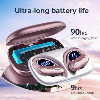 Active Noise Cancelling Ear Buds Wireless Earbuds 90Hrs Playtime Bluetooth Headphones with Hi-Res Stereo Deep Bass Power Display Earphones with Earhooks Waterproof Transparency Headset for Sports/Gym - color: Rose Pink