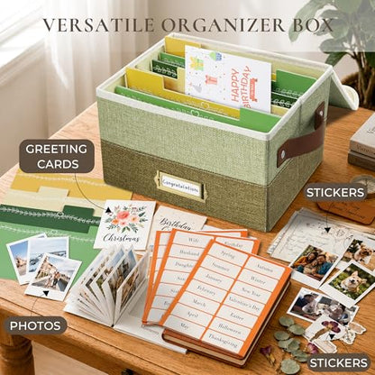 Vienrose Greeting Card Organizer Box, Foldable Storage Box with 20 Removable Dividers and 84 Self-Adhesive Labels, Card Box for Greeting Cards Photos Envelopes Stickers Postcards, Sage & Olive - color: Sage & Olive