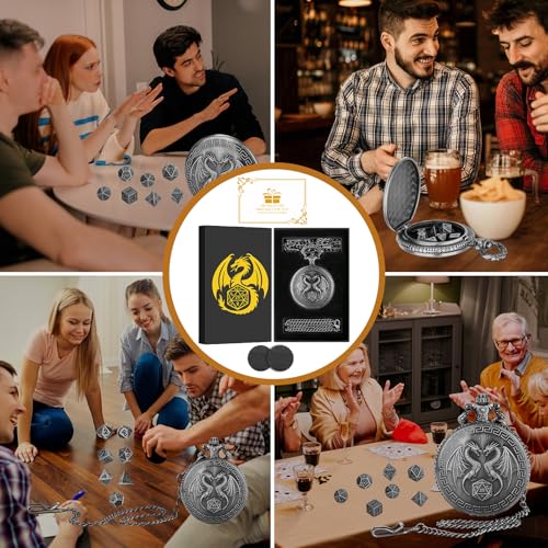 Mini DND Dice Set with Steampunk Double Dragon Pocket Watch Case, Tiny 7-Piece Polyhedral Metal D&D Dice, DND Gifts with Gift Box, Role Playing Game Board Game Accessories Dice, Dark Silver - color: Dark Silver