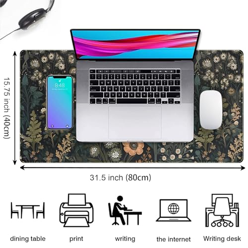 Dark Flower Desk Mat Floral Plants Mouse Pad, Aesthetic Wildflowers Large Gaming Mousepad Desk Pad, XXL Keyboard Mouse Mat Full Desktop Mat Women Office Desk Accessories Cover Mat 31.5"x15.75" - color: Dark Black Brown Flowers