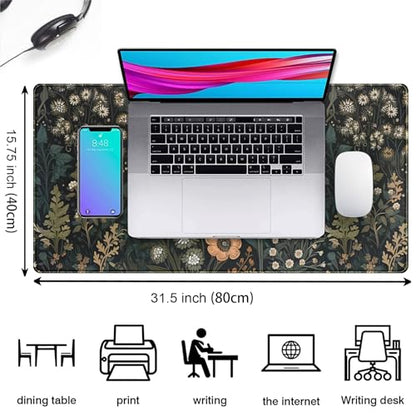 Dark Flower Desk Mat Floral Plants Mouse Pad, Aesthetic Wildflowers Large Gaming Mousepad Desk Pad, XXL Keyboard Mouse Mat Full Desktop Mat Women Office Desk Accessories Cover Mat 31.5"x15.75" - color: Dark Black Brown Flowers