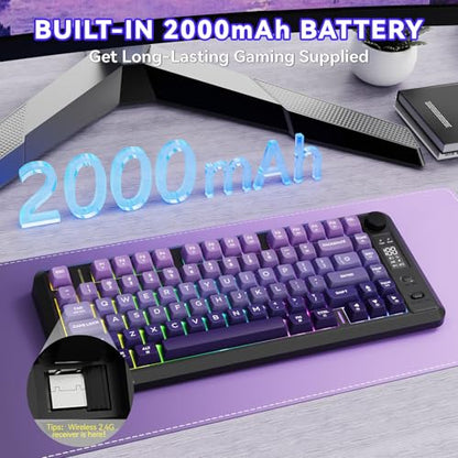 ZIYOU LANG M75 Wireless Gaming Keyboard, RGB Backlit Rechargeable 2000mAh Battery, Small Membrane But Mechanical Feel Keyboard with Smart Display & Knob, PBT Gradient keycaps for PC, MAC-Grape Purple - color: Grape Purple