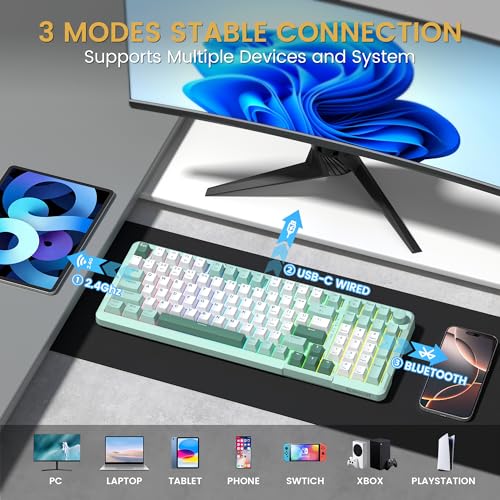 Redragon K742 Bluetooth Wireless Mechanical Gaming Keyboard with Knob | BT5.0/2.4GHz/USB C Creamy Keyboard with Number Pad for PC Computer, RGB Backlits, Hot-Swappable with Linear Switches (Green) - color: Green