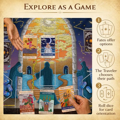 A Tarot-Guided Journey: Mystic Crossroads | 1-5 Players | Beginner Friendly | Cooperative storytelling card game | Groups or Solo| Meanings on Cards | Includes Deck, Cloth, Card Box, Mystic Dice